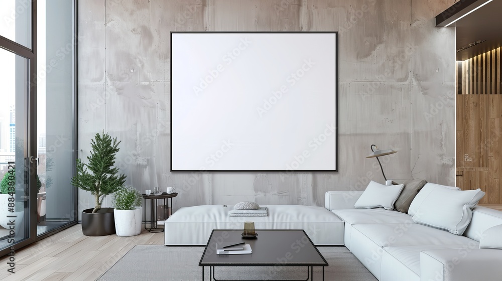 Wall mural This minimalist living room features clean concrete walls, white furniture, potted plants, a large window letting in natural light, and a blank art frame for customization.