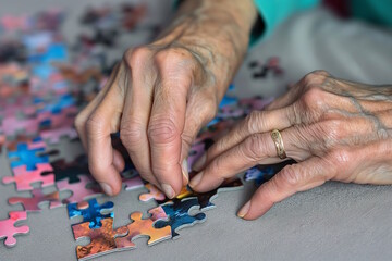 Obraz premium Close-up of elderly hands placing jigsaw puzzle pieces on a table. Concept of cognitive activity, patience, and leisure, suitable for World Alzheimer's Day