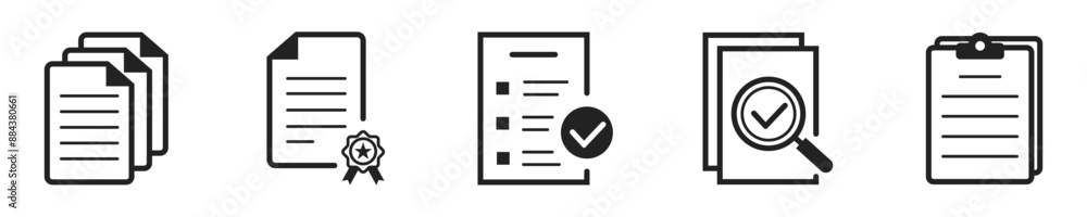Poster document icon set. set of 5 outline icons related to document. linear icon collection. document or f