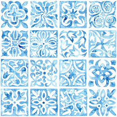 Seamless moroccan pattern. Square vintage tile. Blue and white watercolor ornament painted with paint on paper. Handmade. Print for textiles. Set grunge texture. Vector illustration.