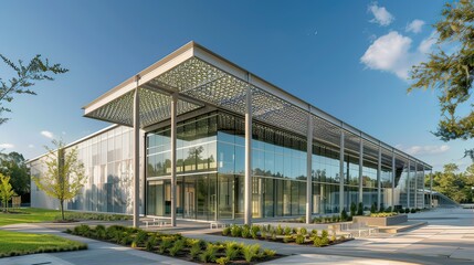 Modern architecture building with perforated metal roof 