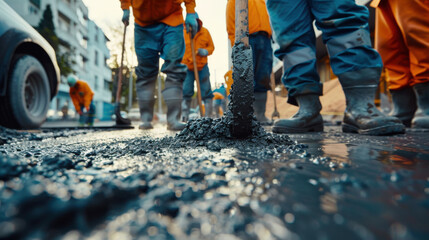 A close-up of construction workers pouring concrete, teamwork and precision in action