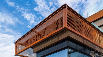 Modern architecture building with perforated metal roof 