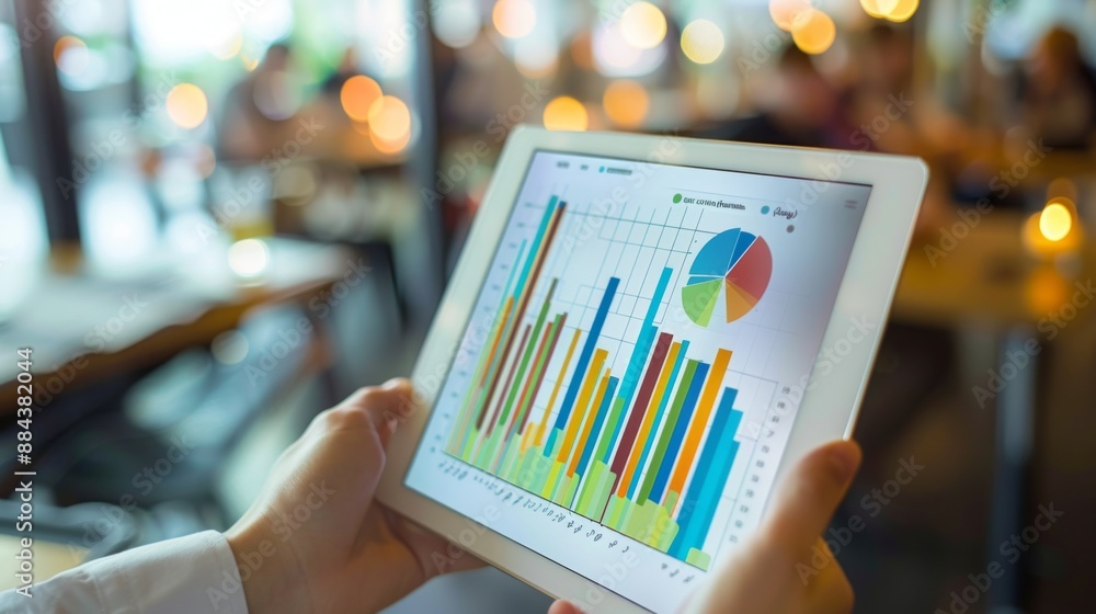 Poster A financial advisor discussing investment strategies using a bar graph chart on a tablet.