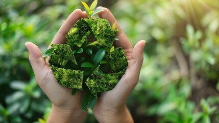 A person is holding a plant in their hands, which is a symbol of recycling. Concept of sustainability and the importance of taking care of the environment