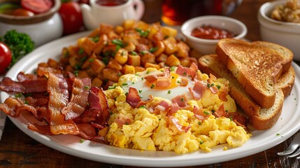 A breakfast platter with scrambled eggs, crispy bacon, hash browns, and buttered toast, arranged on a white plate