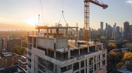 A crane hoisting concrete slabs to the upper floors of a modern building under construction, urban skyline in the background