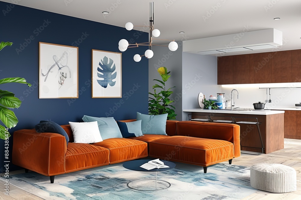 Wall mural This image shows a chic living room with an orange sofa, a blue accent wall, modern kitchen, and lush indoor plants. Great interior inspiration.