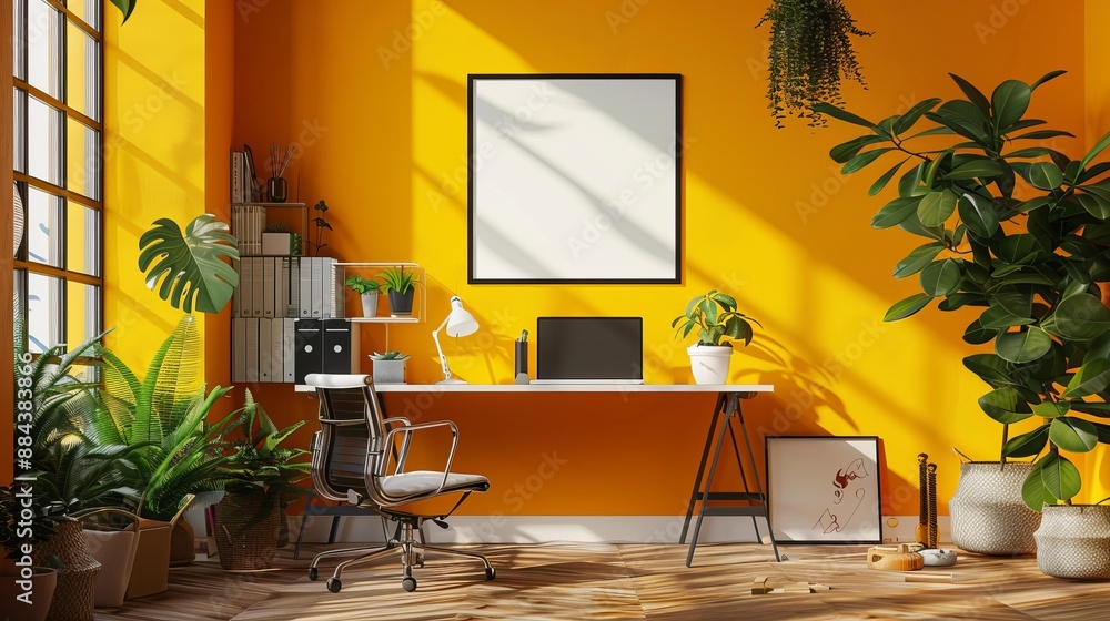 Wall mural A vibrant office setup featuring yellow walls, an abundance of green plants, modern furniture, and ample natural light streaming in through large windows.