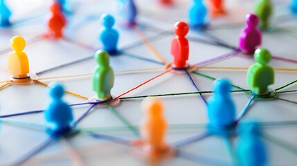 A group of people are connected by a web of strings. The people are of different colors and sizes