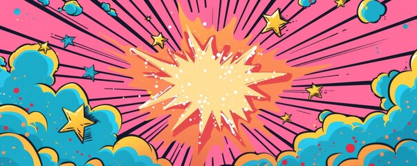 Dynamic pop art comic book style explosion with colorful stars and cloud background
