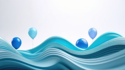 Banner Abstract flowing waves with red white blue balloons on white background with beautiful bokeh and with copy space