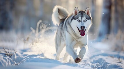 Naklejka premium A Husky running joyfully through a snowy field with its tongue out, enjoying winter freedom.