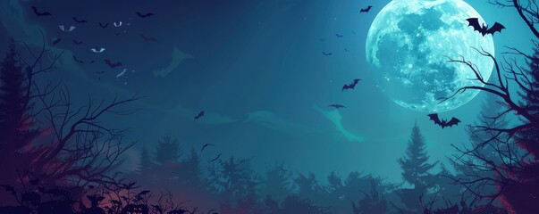 Obraz premium A moonlit night with bats flying around a tree.