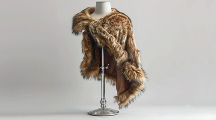 A luxurious fur stole draped over a silver mannequin stand.