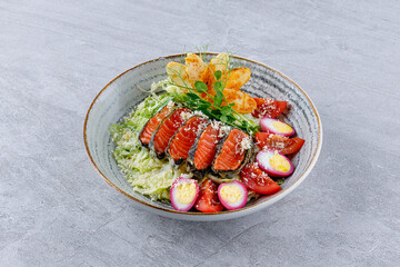 Salad with salmon, quail eggs, tomatoes, Parmesan and croutons for the menu of a food delivery site