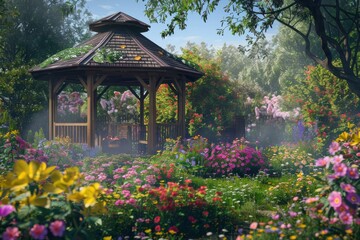 A charming gazebo surrounded by colorful flowers, with a barbecue area nearby and a seating arrangement for relaxation.