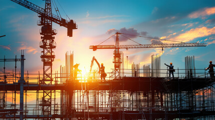 A dynamic shot of a construction site with multiple cranes and workers in various stages of building