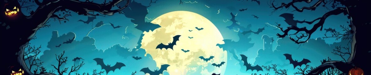 A moonlit night with bats flying around a tree.