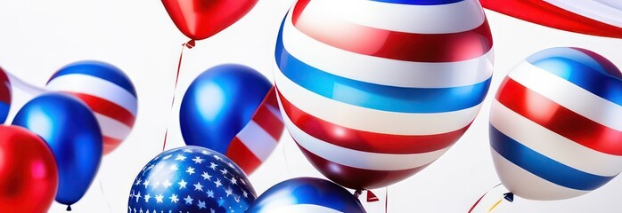 Obraz premium Banner Abstract flowing waves with red white blue balloons on white background with beautiful bokeh and with copy space