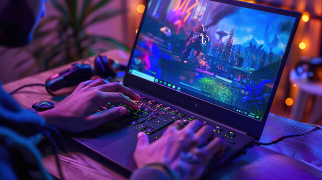 A gamer playing a high-action game on a gaming laptop, with colorful RGB lighting