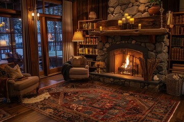 A warm and inviting seating area by the fireplace, perfect for relaxing on a cold winter night. The plush rugs and throw pillows add to the cozy ambiance.