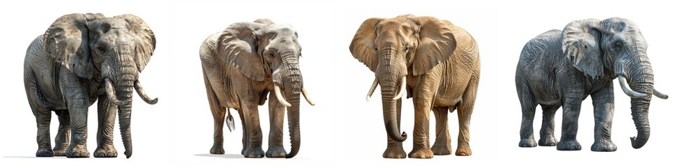 Obraz premium Four majestic elephants lined up, showcasing their grandeur and gentleness against a plain white background.