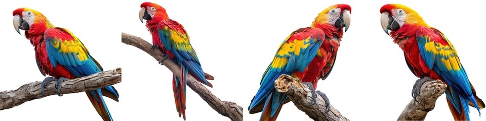 Fototapeta premium Four vibrant macaws perched on branches isolated on a white background, showcasing their colorful feathers and striking appearance.