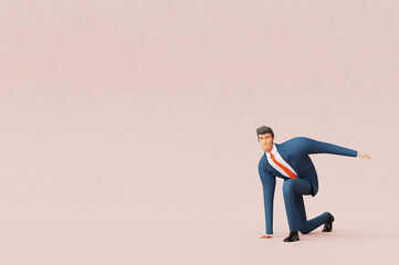 Successful businessman in starting position is ready to run, 3D rendering illustration with copy space