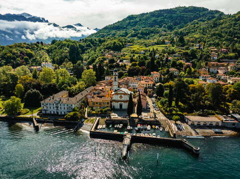 aerial photo with drone of Belagio on Lago di Como Italy in Spring