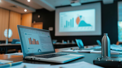 A laptop connected to a projector in a conference room, displaying a presentation slide
