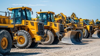 Obraz premium Construction equipment lineup including cranes and loaders.