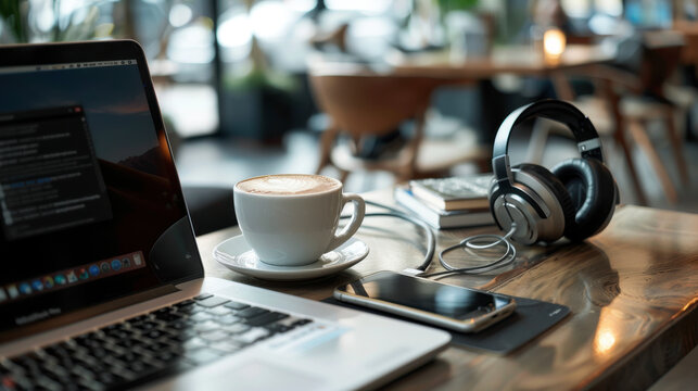 A laptop and smartphone on a coffee shop table, with a cup of coffee and headphones beside them