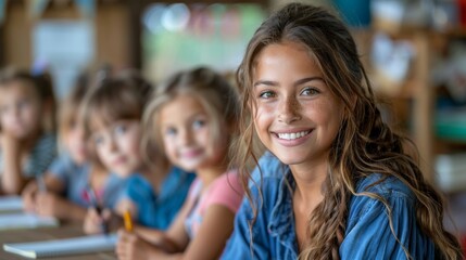 Fototapeta premium A smiling young girl in a classroom, concept back to school.