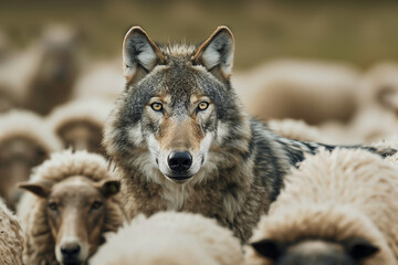 Obraz premium A wolf stands amongst sheep - a concept image that represents a wolf in sheep's clothing idiom of biblical origin - danger from within - series - predator and prey