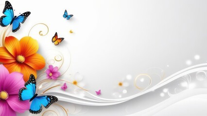 Abstract flowing waves with beautiful flowers and butterflies on white background with beautiful bokeh and with copy space 