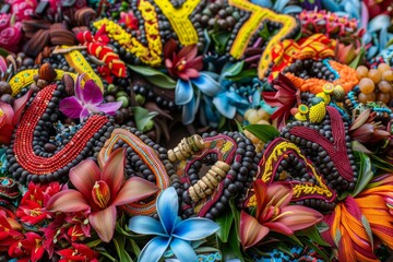 Exotic flowers and intricate beadwork adorn the bold 'Unity Day' text, honoring Burkina Faso's national holiday. The colorful arrangement symbolizes the country's rich cultural heritage and unity.