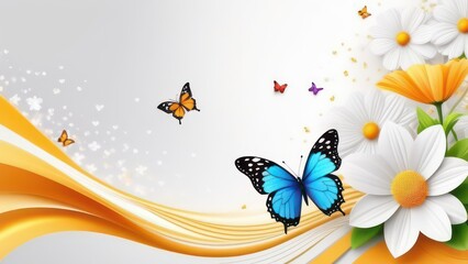 Abstract flowing waves with beautiful flowers and butterflies on white background with beautiful bokeh and with copy space 