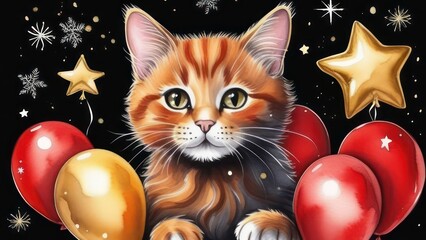 Fototapeta premium Cat with gold foil balloons and golden stars. Kitten on a Christmas festive black background. 