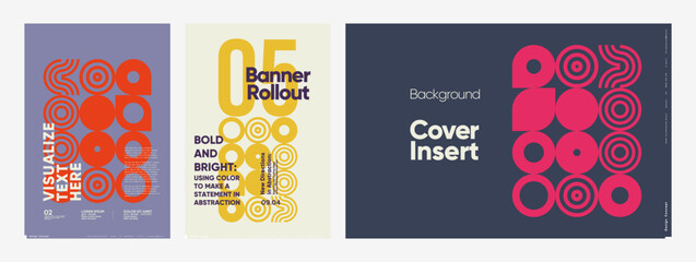 Vibrant and bold poster designs featuring circular motifs and striking color contrasts, ideal for banners, covers, and artistic presentations.