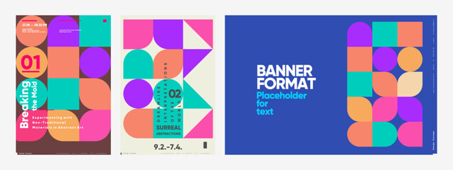 These modern concept posters feature bold geometric shapes and vibrant colors, ideal for exhibitions, banners, and media backgrounds, showcasing abstract and surreal art themes.