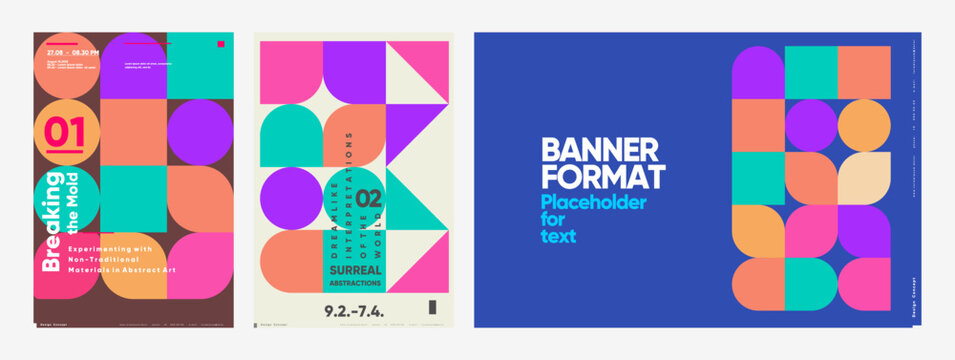 These modern concept posters feature bold geometric shapes and vibrant colors, ideal for exhibitions, banners, and media backgrounds, showcasing abstract and surreal art themes.