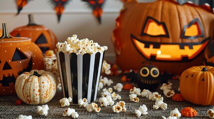 Halloween-themed scene with jack-o'-lanterns, pumpkins, and a striped popcorn bucket, set for a festive celebration.