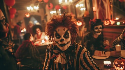 Haunted house party with people in scary costumes, Halloween, lively and eerie