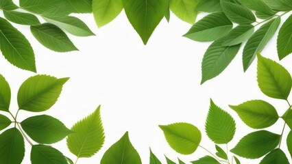 green leaves of various plants on a white background 