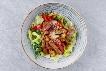 Delicious salad with veal and vegetables in beautiful dishes for the menu of a food delivery site