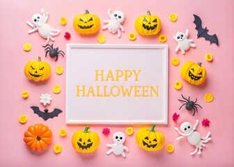 Fototapeta premium Happy halloween card in flat lay style. Halloween frame with party decorations of pumpkins, bats, scary ghosts, candy, spiders on background.