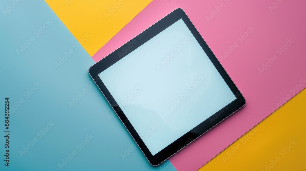 Poster tablet device on colored background with empty display