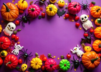 Fototapeta premium Happy halloween card in flat lay style. Halloween frame with party decorations of pumpkins, bats, scary ghosts, candy, spiders on background.