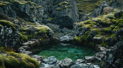 A hidden hot spring in the Icelandic wilderness, surrounded by moss-covered rocks